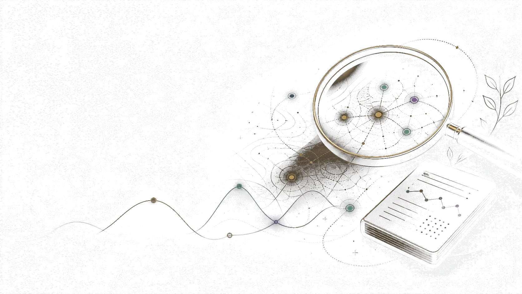 Line illustration of research notes, capability signals, human judgment, and support evidence connected in a warm research map.