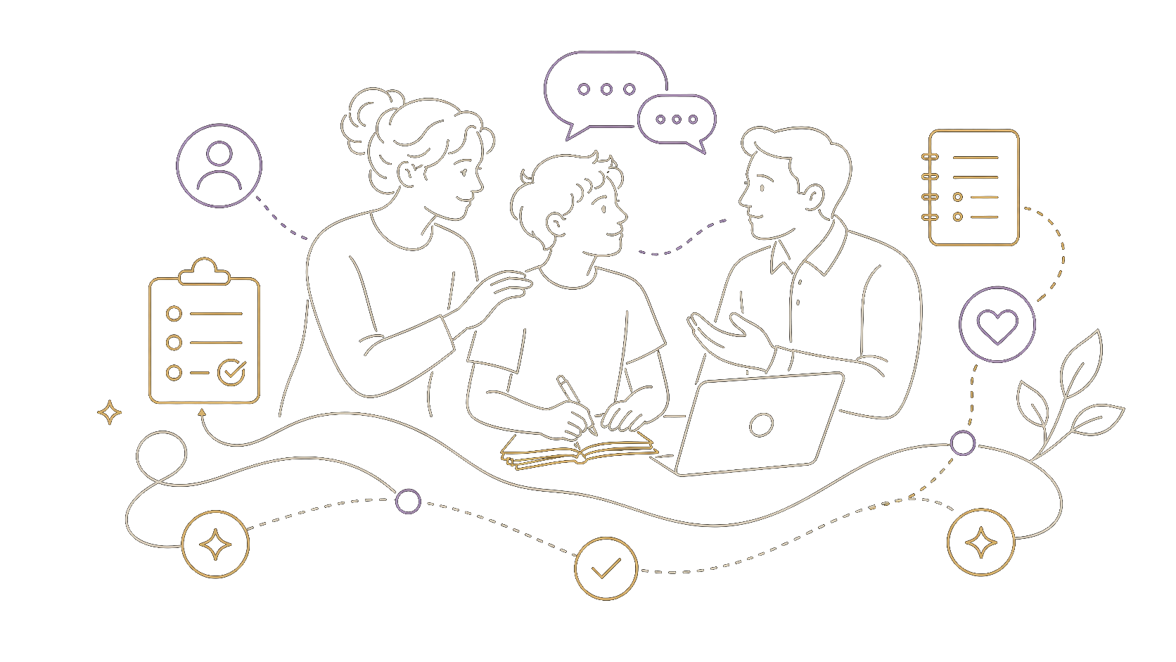 Line illustration of a learner, supporter, conversation notes, and evidence pathways.