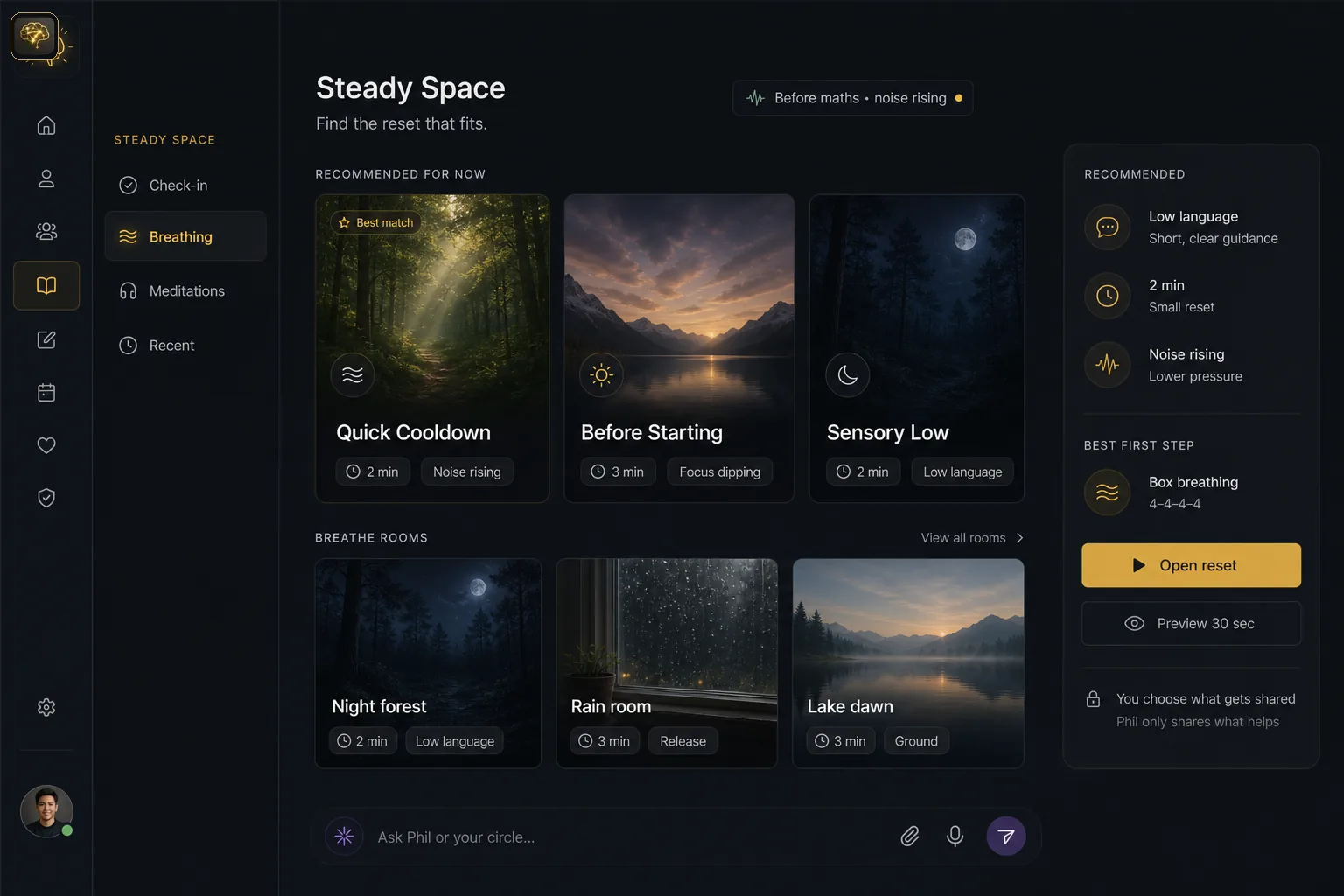 Steady Space screen with options for breathing, meditation, and short resets